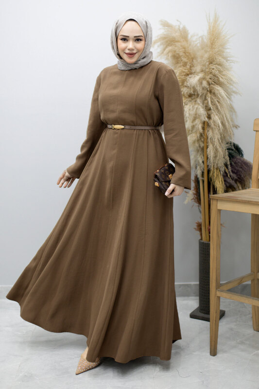 Pensli Hakim Yaka Kemerli Elbise TSD260184 Kahverengi - 1