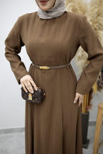 Pensli Hakim Yaka Kemerli Elbise TSD260184 Kahverengi - 4