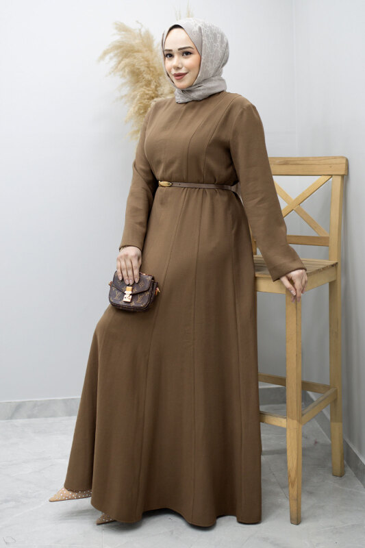 Pensli Hakim Yaka Kemerli Elbise TSD260184 Kahverengi - 5