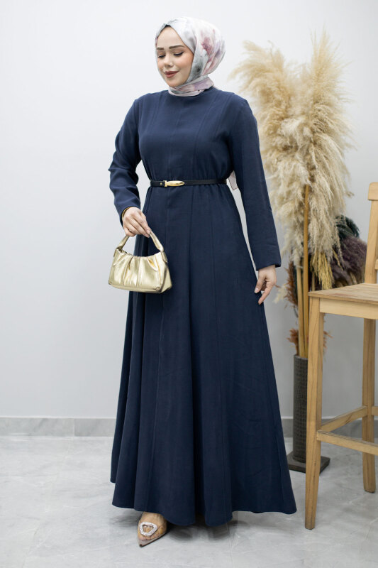 Pensli Hakim Yaka Kemerli Elbise TSD260184 Lacivert - Tesettür Dünyası