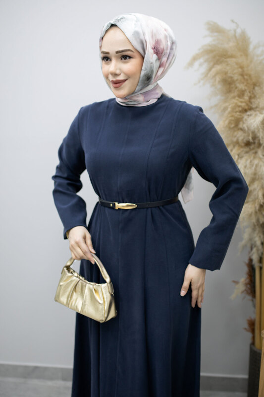 Pensli Hakim Yaka Kemerli Elbise TSD260184 Lacivert - 2