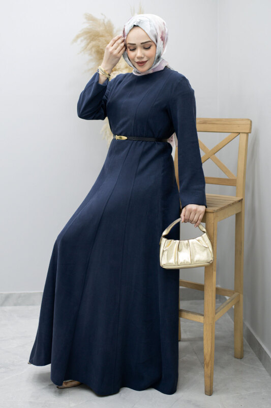 Pensli Hakim Yaka Kemerli Elbise TSD260184 Lacivert - 3
