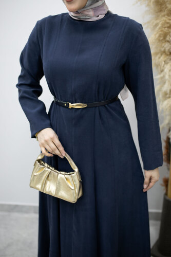 Pensli Hakim Yaka Kemerli Elbise TSD260184 Lacivert - 4