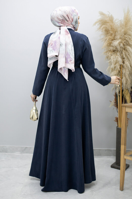 Pensli Hakim Yaka Kemerli Elbise TSD260184 Lacivert - 6