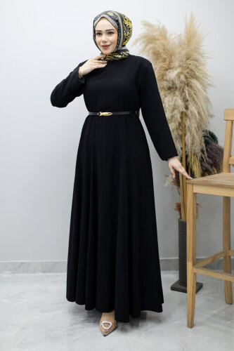 Pensli Hakim Yaka Kemerli Elbise TSD260184 Siyah 