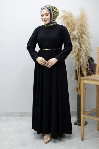 Pensli Hakim Yaka Kemerli Elbise TSD260184 Siyah - 3