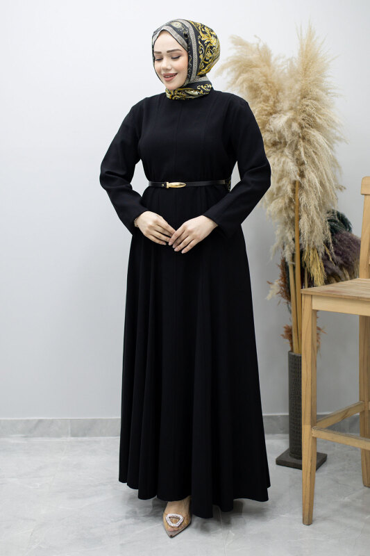 Pensli Hakim Yaka Kemerli Elbise TSD260184 Siyah - 3