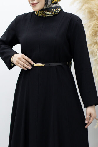 Pensli Hakim Yaka Kemerli Elbise TSD260184 Siyah - 4