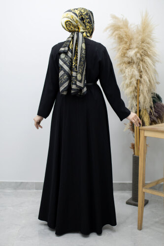 Pensli Hakim Yaka Kemerli Elbise TSD260184 Siyah - 6