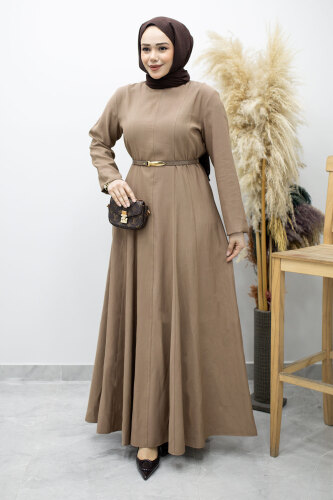 Pensli Hakim Yaka Kemerli Elbise TSD260184 Vizon - 1