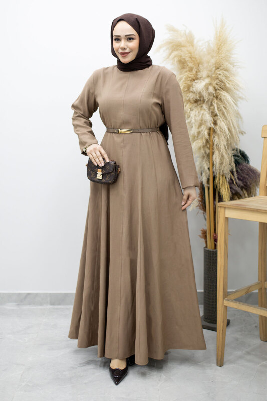 Pensli Hakim Yaka Kemerli Elbise TSD260184 Vizon - 1