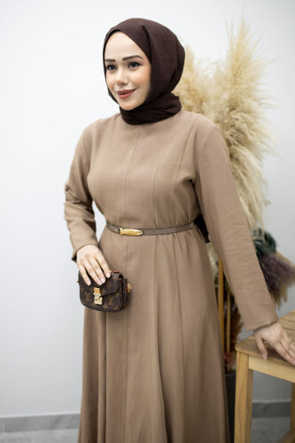 Pensli Hakim Yaka Kemerli Elbise TSD260184 Vizon - 2