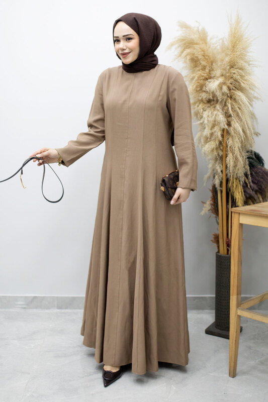 Pensli Hakim Yaka Kemerli Elbise TSD260184 Vizon - 3