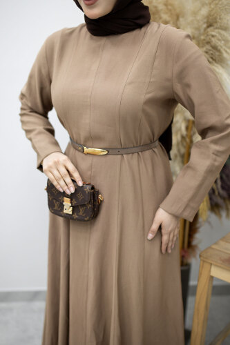 Pensli Hakim Yaka Kemerli Elbise TSD260184 Vizon - 4