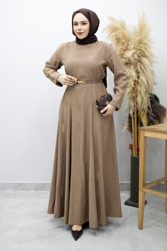 Pensli Hakim Yaka Kemerli Elbise TSD260184 Vizon - 5