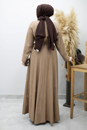 Pensli Hakim Yaka Kemerli Elbise TSD260184 Vizon - 6