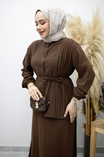 Piliseli Bağlamalı Etekli Takım TSD260173 Kahverengi - 2
