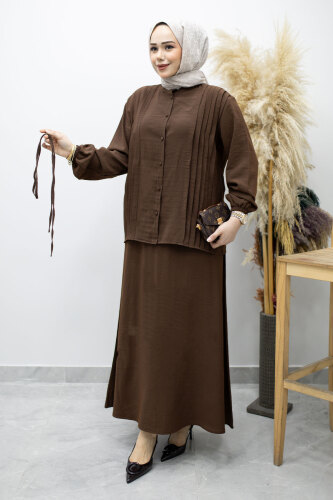Piliseli Bağlamalı Etekli Takım TSD260173 Kahverengi - 3