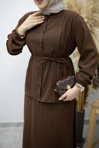 Piliseli Bağlamalı Etekli Takım TSD260173 Kahverengi - 4