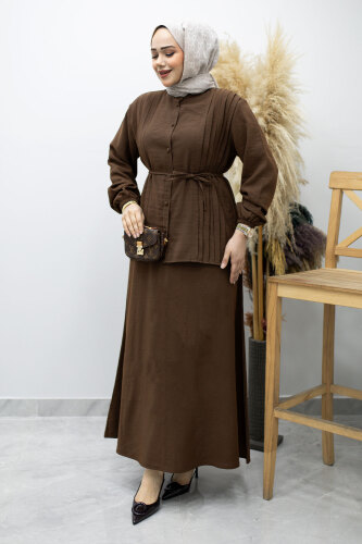 Piliseli Bağlamalı Etekli Takım TSD260173 Kahverengi - 5