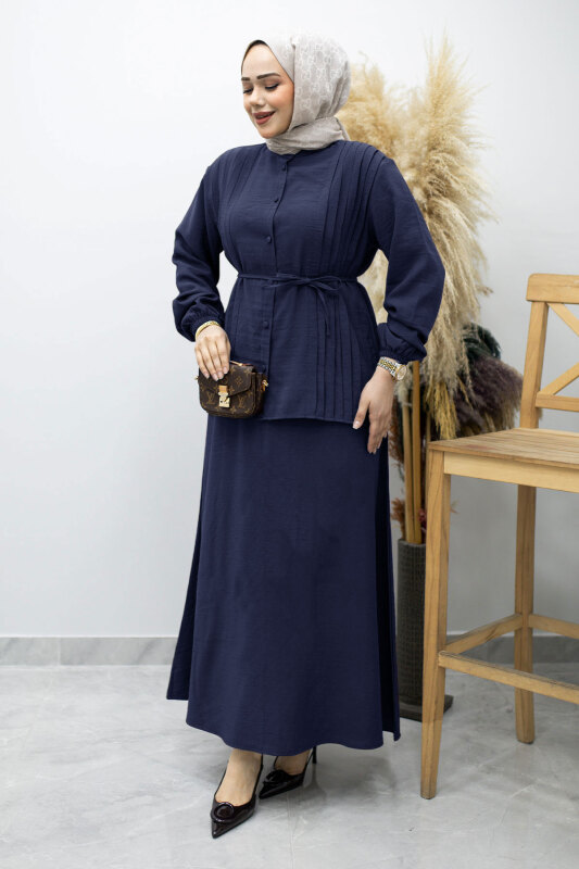 Piliseli Bağlamalı Etekli Takım TSD260173 Lacivert - Tesettür Dünyası