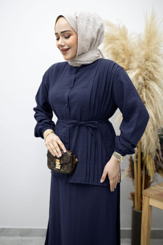 Piliseli Bağlamalı Etekli Takım TSD260173 Lacivert - Tesettür Dünyası (1)