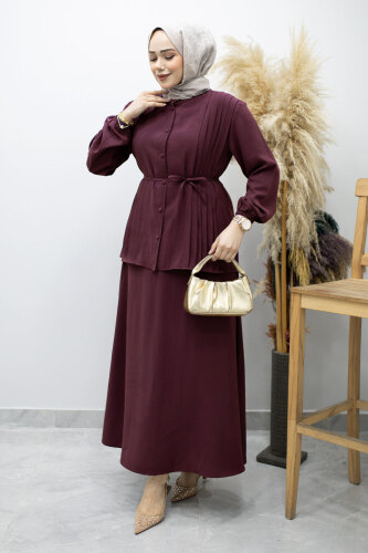 Piliseli Bağlamalı Etekli Takım TSD260173 Mürdüm - 1