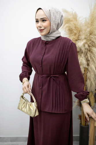 Piliseli Bağlamalı Etekli Takım TSD260173 Mürdüm - 2