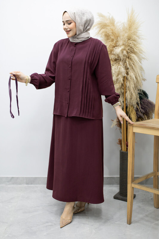 Piliseli Bağlamalı Etekli Takım TSD260173 Mürdüm - 3