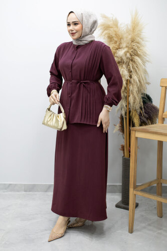 Piliseli Bağlamalı Etekli Takım TSD260173 Mürdüm - 5