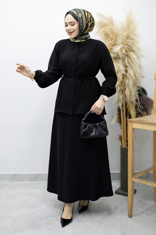 Piliseli Bağlamalı Etekli Takım TSD260173 Siyah - Tesettür Dünyası