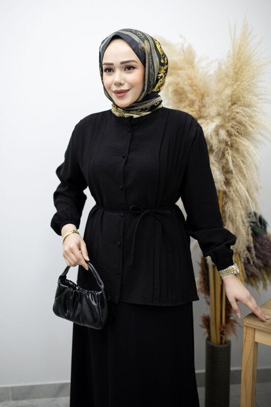 Piliseli Bağlamalı Etekli Takım TSD260173 Siyah - Tesettür Dünyası (1)