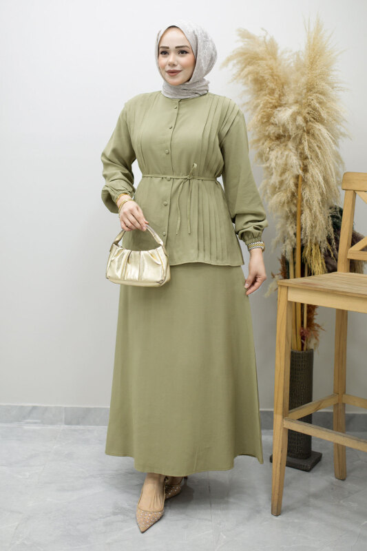 Piliseli Bağlamalı Etekli Takım TSD260173 Yeşil - Tesettür Dünyası