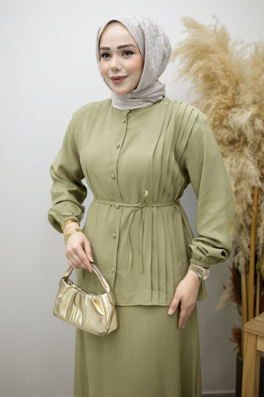 Piliseli Bağlamalı Etekli Takım TSD260173 Yeşil - Tesettür Dünyası (1)