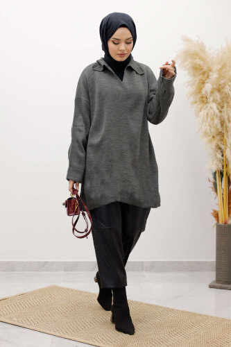 Polo Yaka Triko Tunik TSD260116 Antrasit - TESETTÜR DÜNYASI