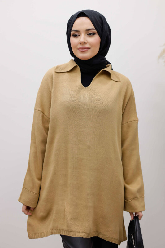 Polo Yaka Triko Tunik TSD260116 Camel - 2