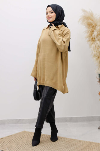 Polo Yaka Triko Tunik TSD260116 Camel - TESETTÜR DÜNYASI