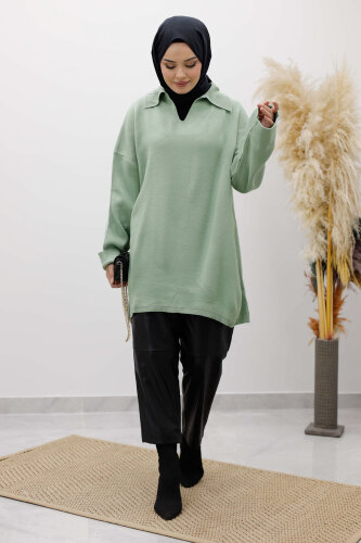 Polo Yaka Triko Tunik TSD260116 Mint Yeşili - TESETTÜR DÜNYASI