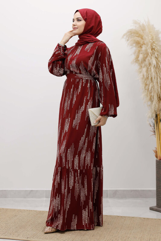 Pötikare Desenli Viskon Elbise TSD250232 Bordo - 3
