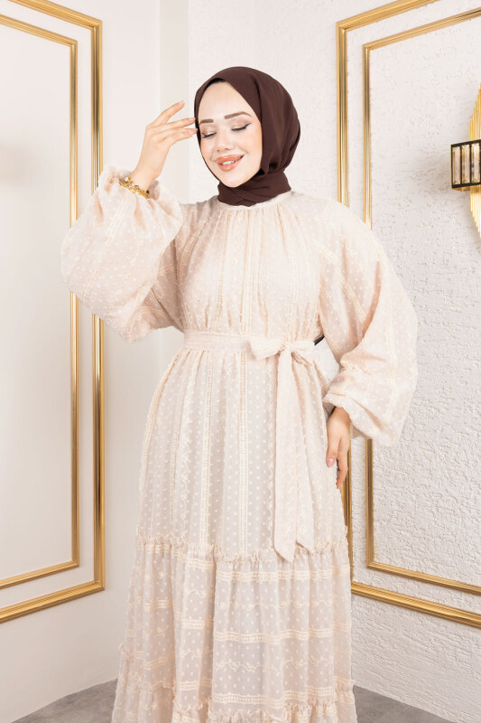 Puffy Desenli Elbise TSD250188 Bej - 2