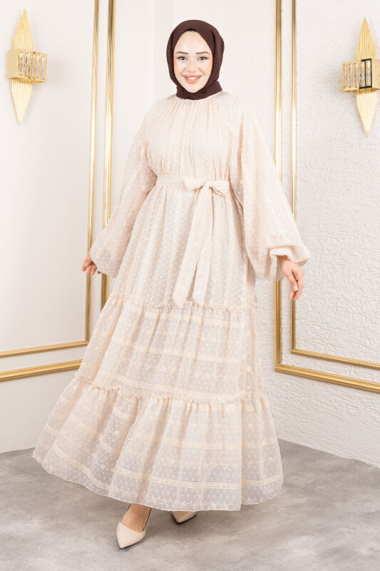 Puffy Desenli Elbise TSD250188 Bej - 3
