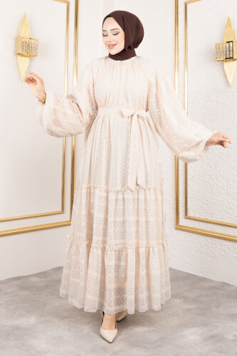 Puffy Desenli Elbise TSD250188 Bej 