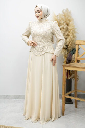 Boncuk Ve Taş İşlemeli Tesettür Abiye TSD260197 Bej - 1