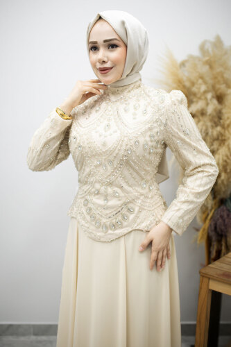 Boncuk Ve Taş İşlemeli Tesettür Abiye TSD260197 Bej - 2