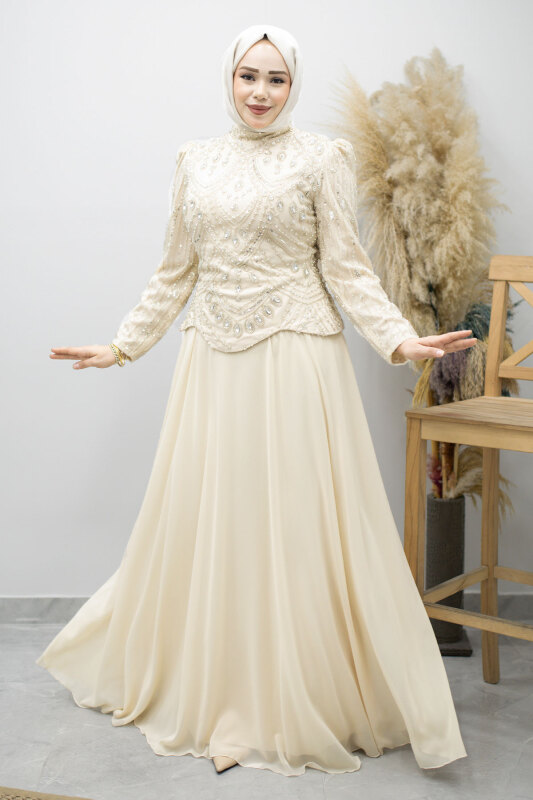 Boncuk Ve Taş İşlemeli Tesettür Abiye TSD260197 Bej - 3