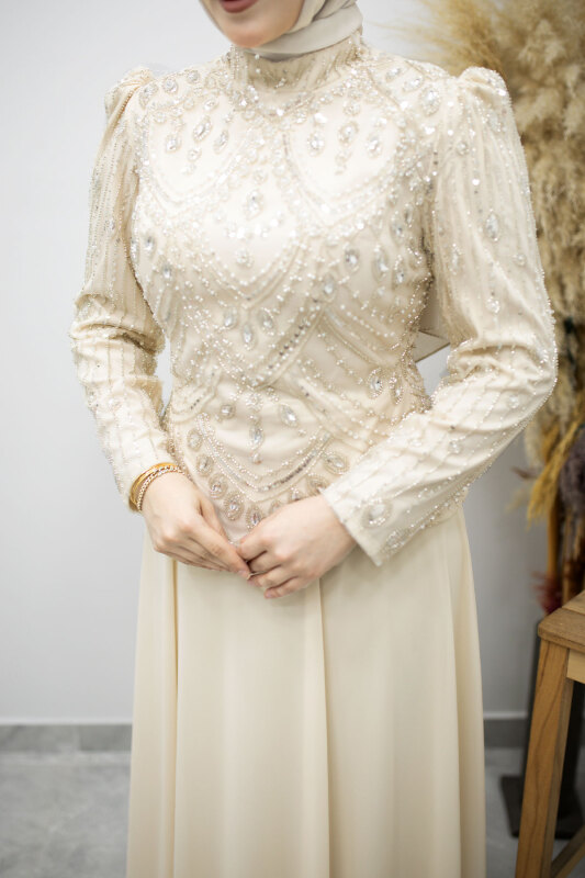 Boncuk Ve Taş İşlemeli Tesettür Abiye TSD260197 Bej - 4