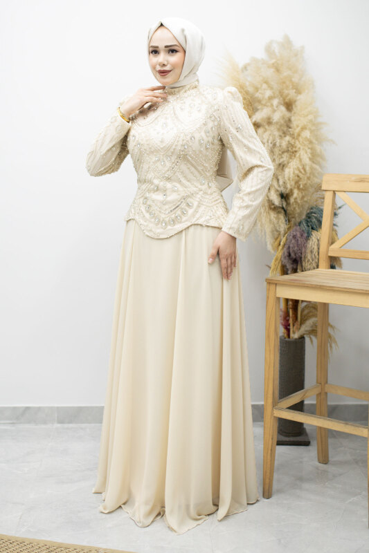 Boncuk Ve Taş İşlemeli Tesettür Abiye TSD260197 Bej - 5