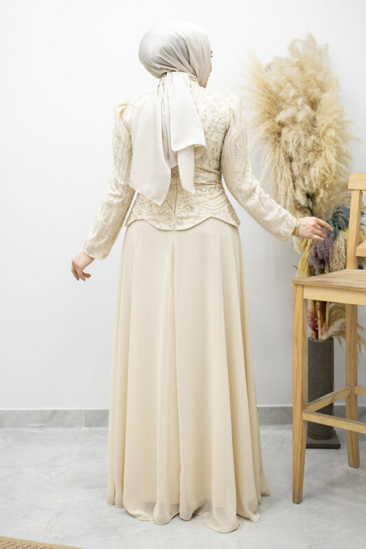 Boncuk Ve Taş İşlemeli Tesettür Abiye TSD260197 Bej - 6