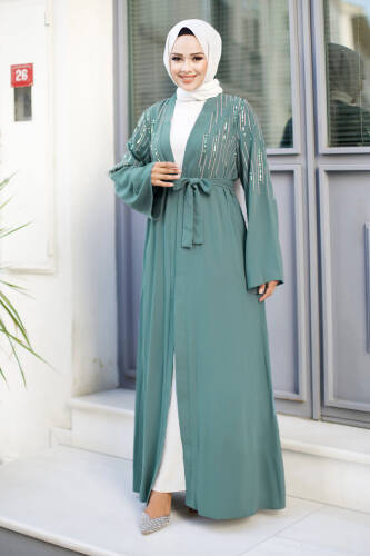 Pullu Tesettür Abaya TSD240722 Mint Yeşili - 4