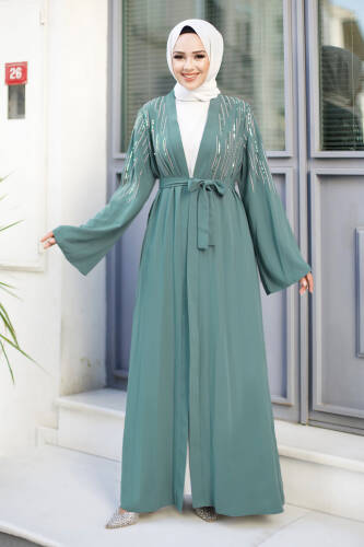 Pullu Tesettür Abaya TSD240722 Mint Yeşili - 3